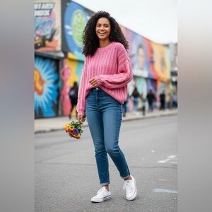 Very J Hot Pink Women’s Sweater with Lace Trim Down Sleeves.